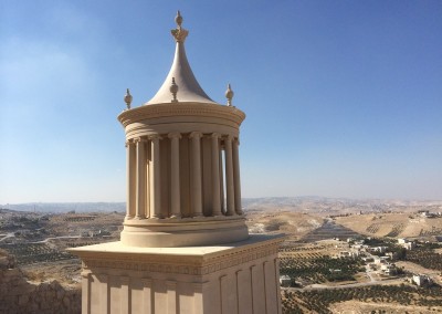 A model of Herod's tomb in Herodian overlooking the Judean Hills